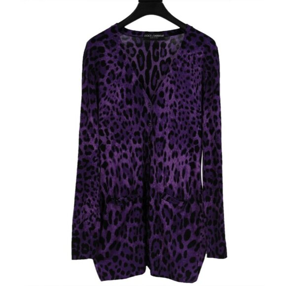 Dolce & Gabbana Womens Leopard Print Cardigan Medium Purple Black Wool Pullover - Picture 1 of 8